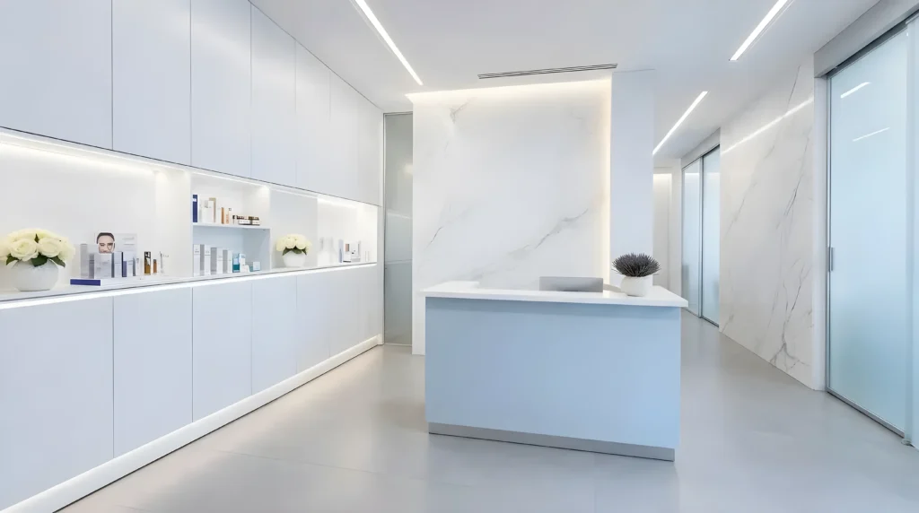 Clínica moderna con recepción minimalista