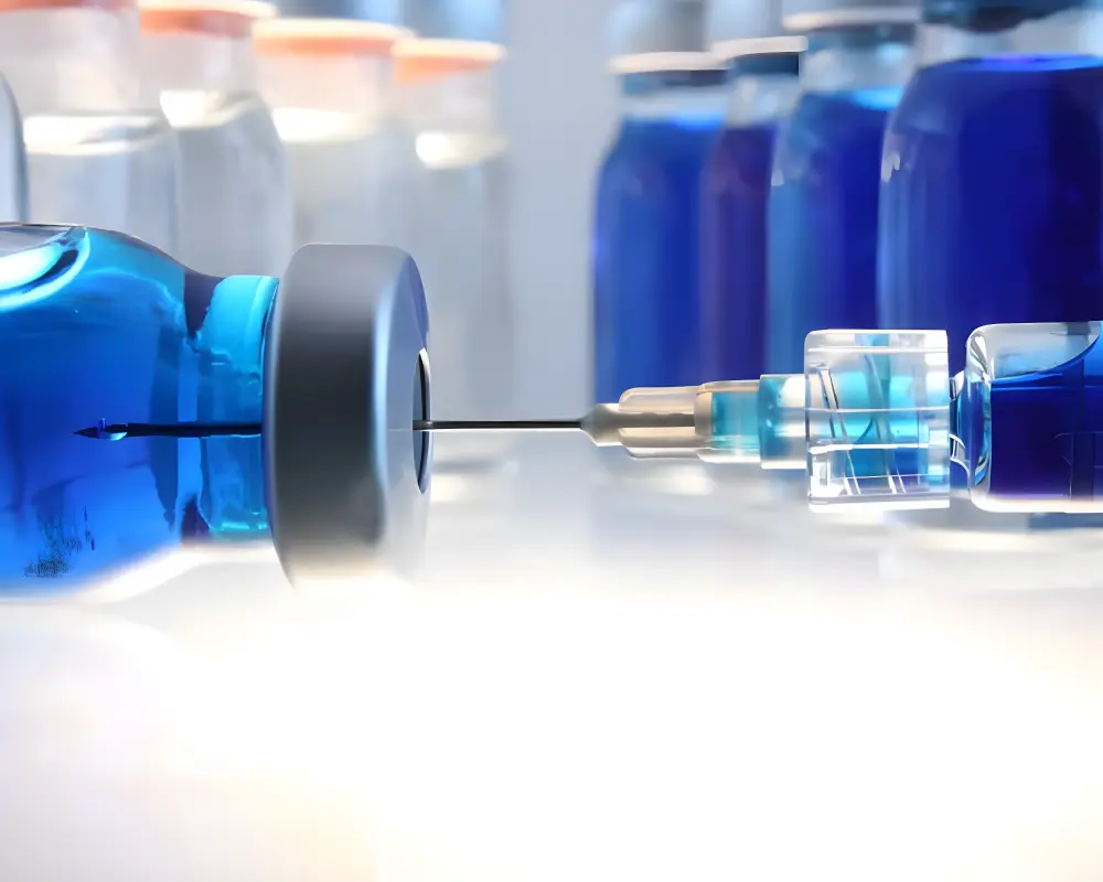 Jeringa insertada en vial con líquido azul